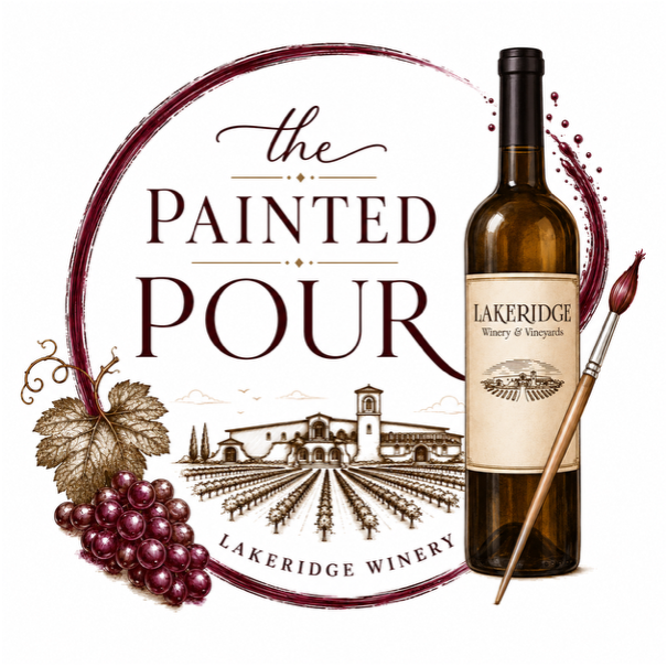 The painted pour logo of a wine bottle and paint brush.
