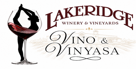 The Vino and Vinyasa yoga class event logo with the silhouette of a woman doing a yoga pose over a wine glass with a tan background.
