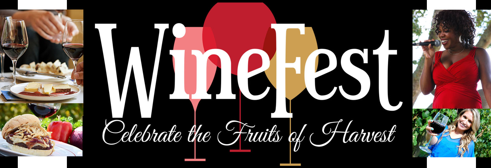 Winefest logo with images of festival food and entertainers