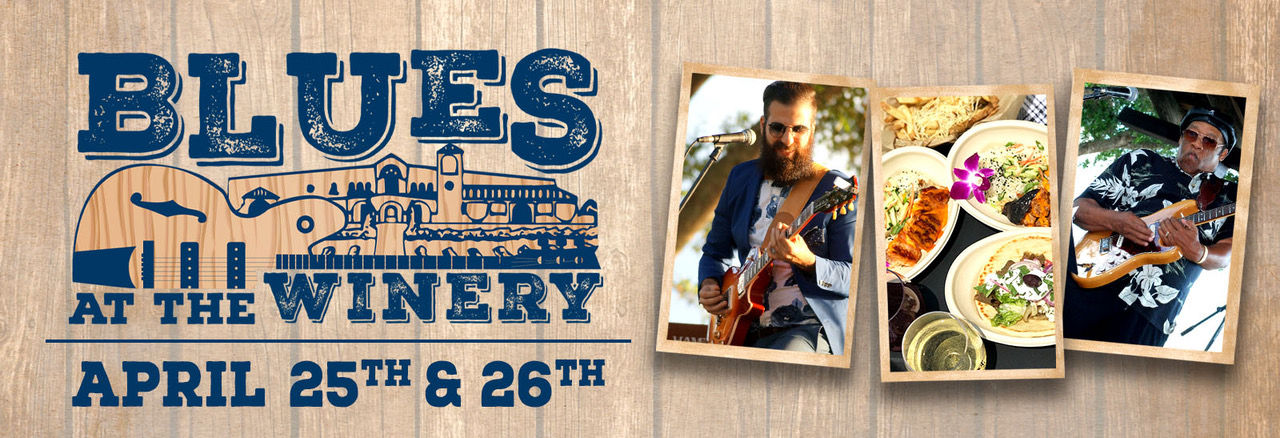 Blues at the Winery Festival logo, and three boxes with food and entertainer images.