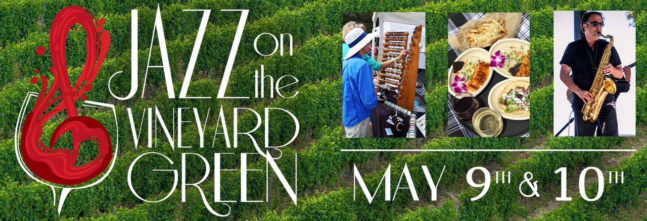 Jazz on the Vineyard Green logo with an images of a craft vendor, plates of food, and an entertainer playing sax.