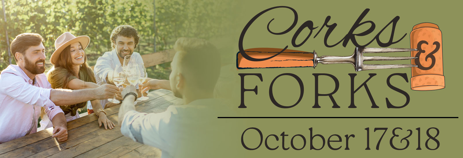 Corks and Forks logo with image of people drinking wine outdoors.