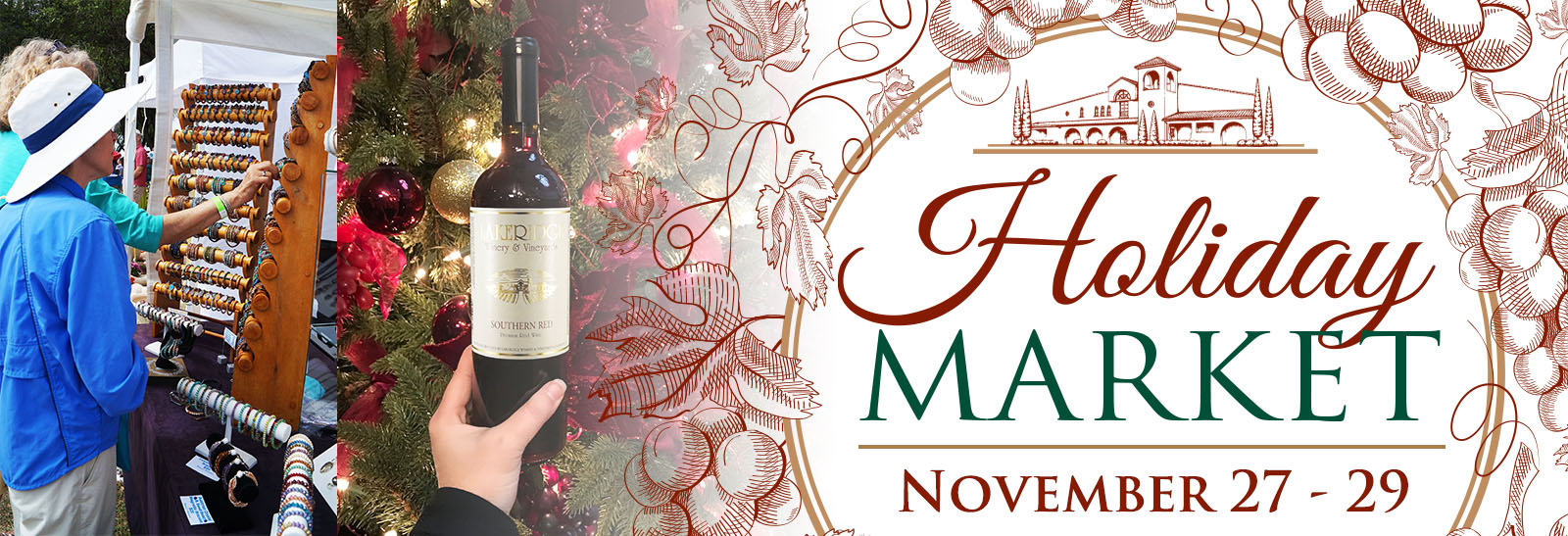 Holiday Market logo with images of people browsing at an outdoor market, and a hand holding a bottle of wine.
