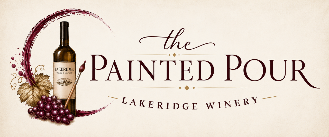 The painted pour logo of a wine bottle and paint brush on a tan background.