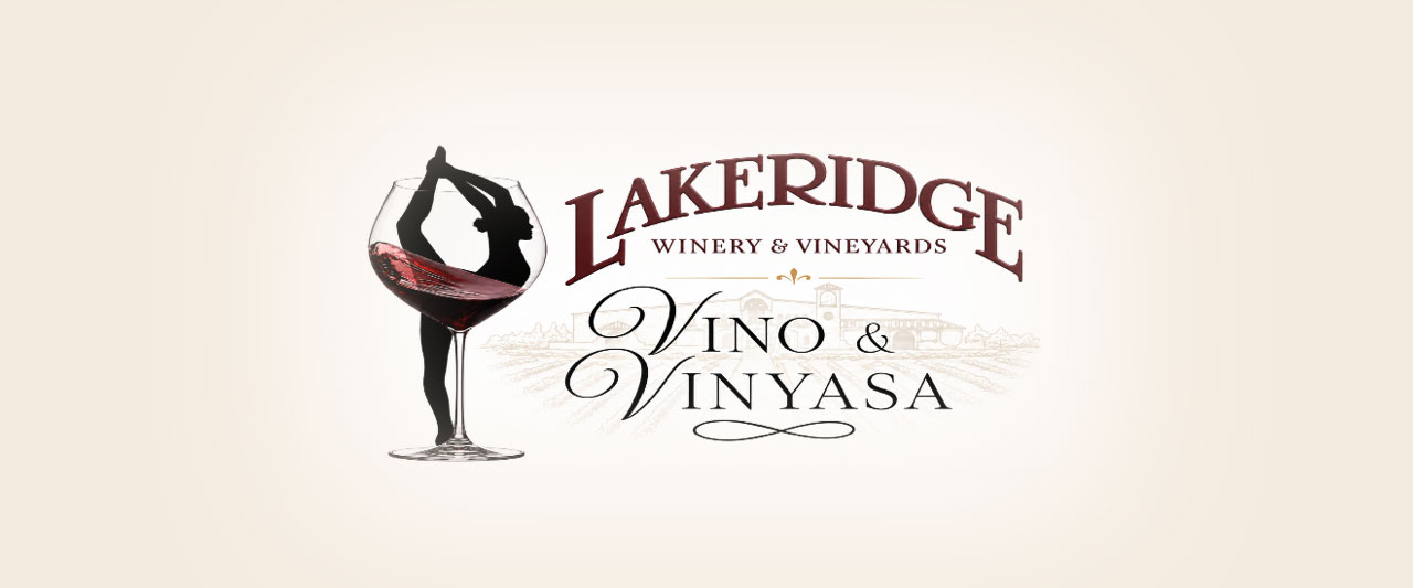 The Vino and Vinyasa yoga class event logo with the silhouette of a woman doing a yoga pose over a wine glass with a tan background.