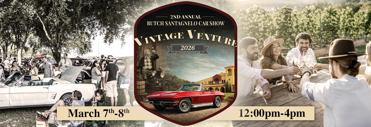 Vintage Venture car show header image with classic cars, and people enjoying a glass of wine.