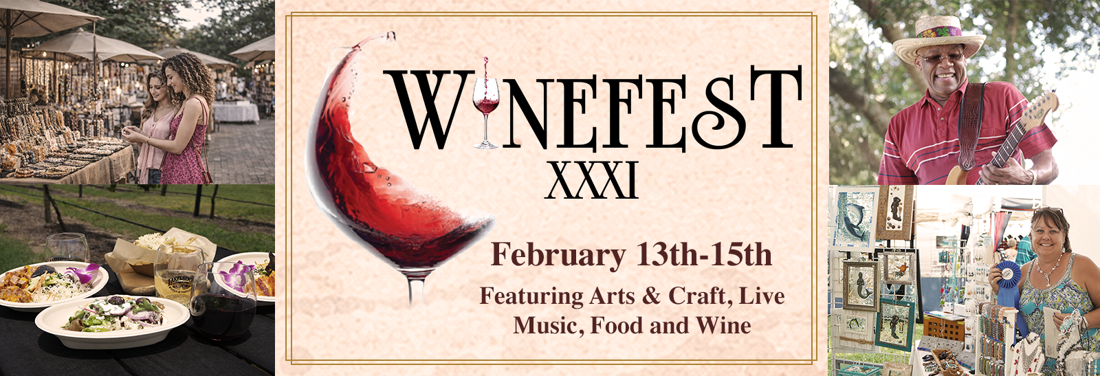 Winefest logo with images of festival food and entertainers