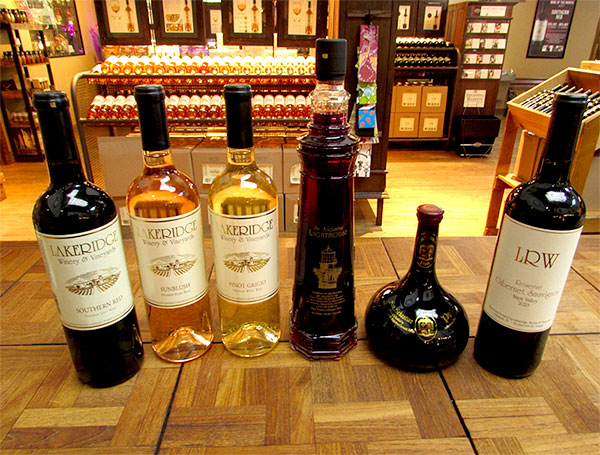 Row of Lakeridge wines displayed on a countertop in the wine shop.