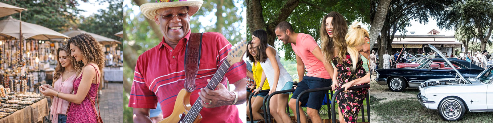 Collage of images showing people shopping, vintage cars, people grape stomping, and a main playing guitar at an outdoor festival.