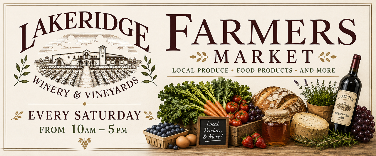 Farmers Market logo with photos of people enjoying and entertainment, food, and wine