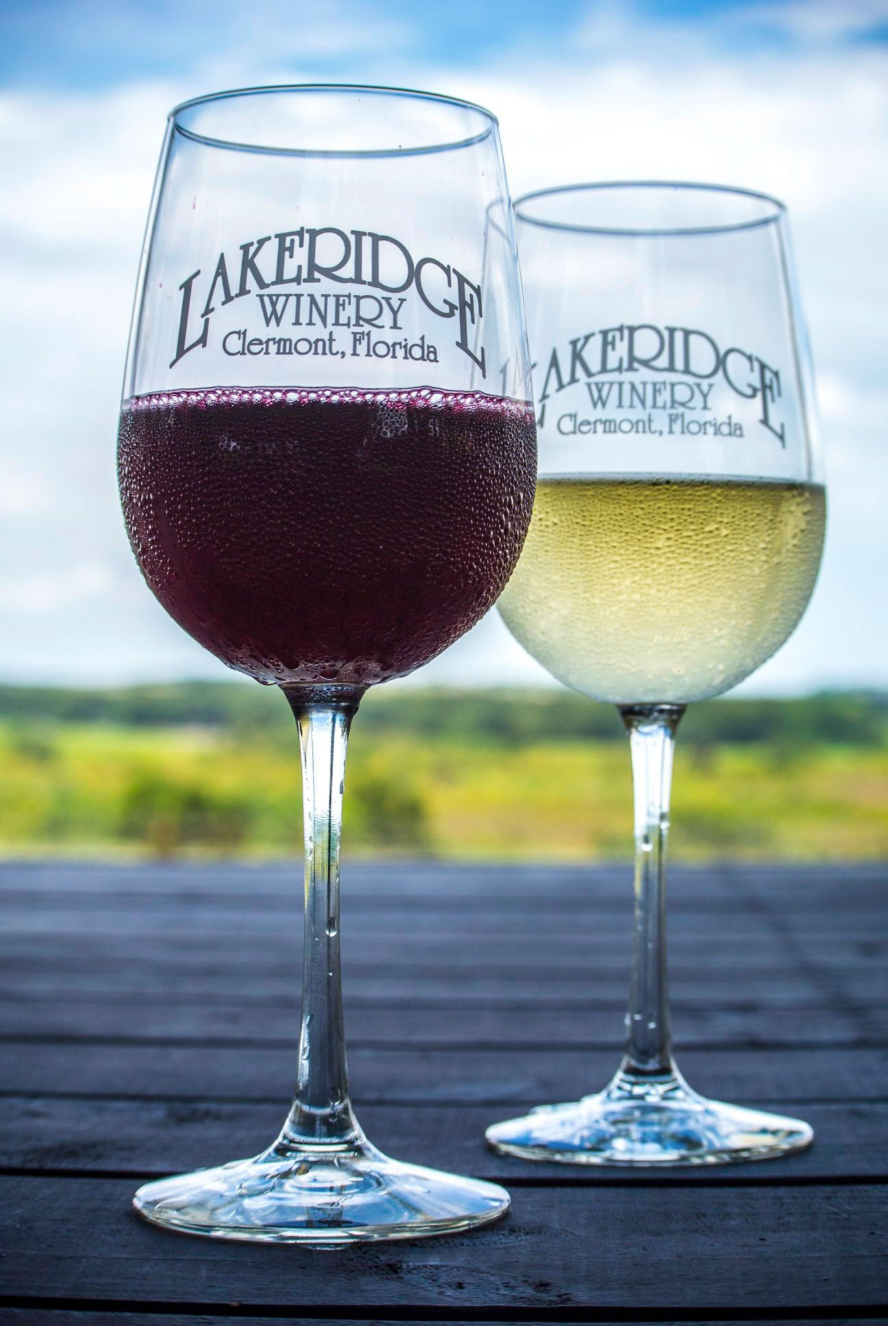 Red and white wine in glasses outdoors.