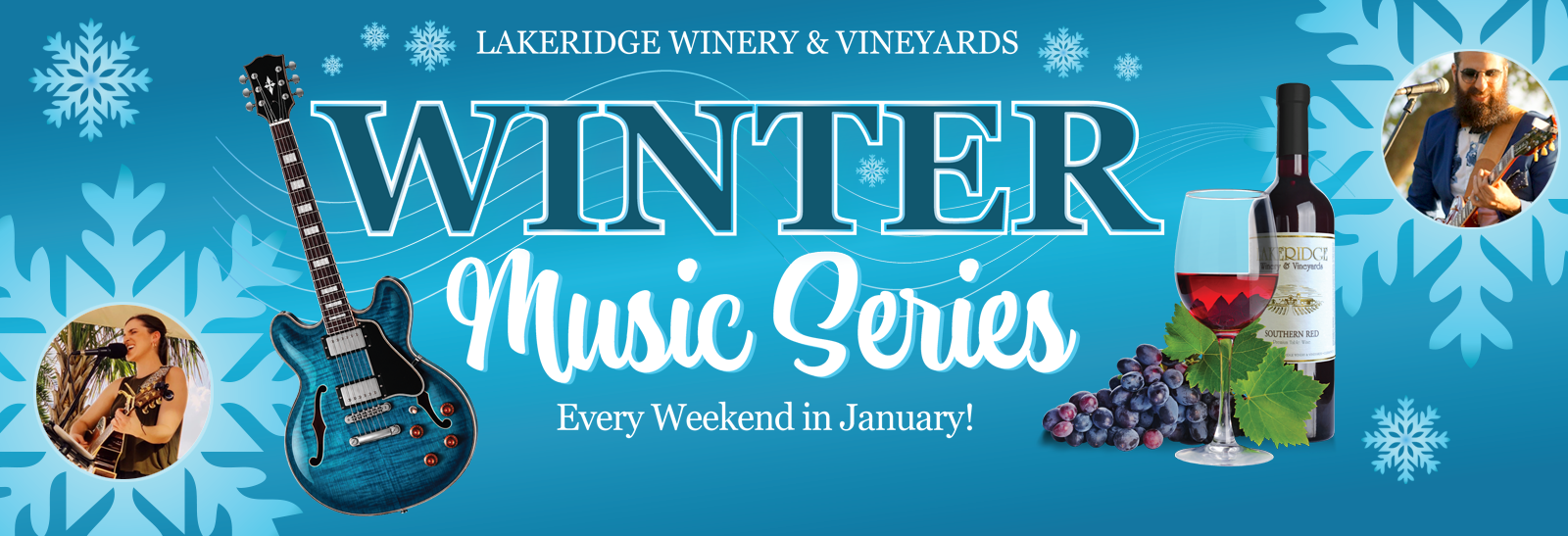 Winter Music Series logo with photos of people enjoying and entertainment, food, and wine