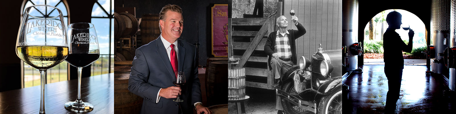 Collage of images showing the winery founders enjoying wine.